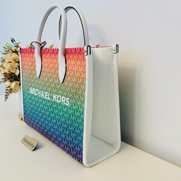 Michael Kors Purse Mirella Medium Ombré Logo Tote Bag Rainbow - Picture 2 of 9